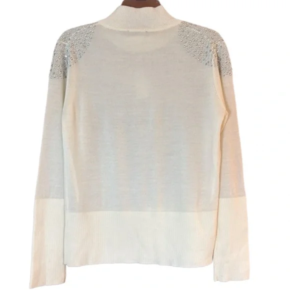 Karl Lagerfeld Paris Ivory Mock Neck Merino Wool Jeweled Shoulder Sweater M NWT - Picture 3 of 6